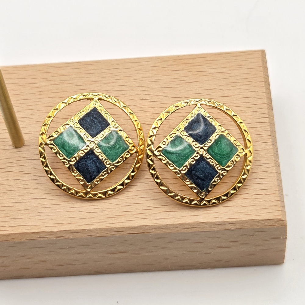 Vintage Gold-Tone and Multicolor Enamel Earrings